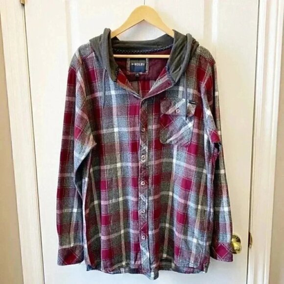 KOLBY Mens Flannel Shirt Button Up Shacket Hoodie Burgundy Grey Plaid Large - Picture 5 of 16